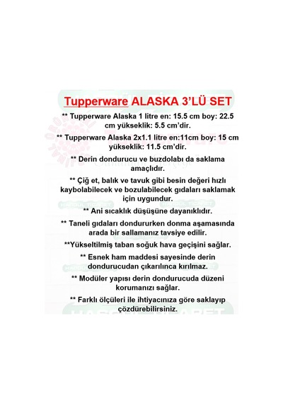Tupperware Alaska Set 3'Lü 11 L-1 L Buzluk Saklama Kabı Hs N1140714