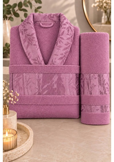Tek Kişilik Bornoz Seti Unisex %100 Pamuk 3 Parça Koyu Pembe
