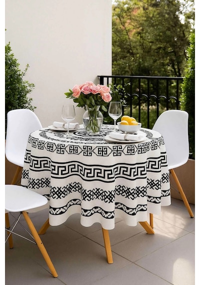 Yuvarlak Geometrik Siyah Desenli Duck Kumaş Masa Örtüsü 150x150 Cm Çok Renkli