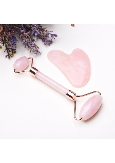 Pembe Kuvars Jade Roller ve Kalp Gua Sha Masaj Taşı Premium Set