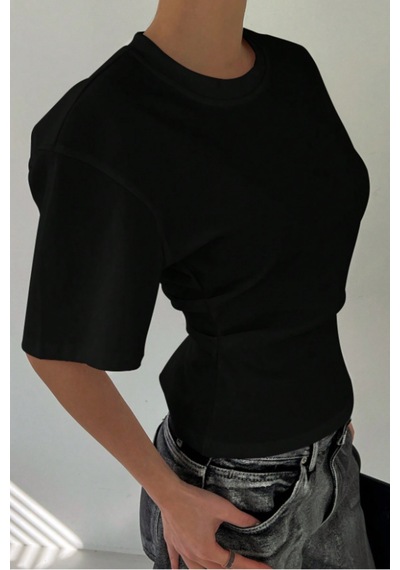 Kadın Siyah Kısa Kollu Sırt Dekolteli Slim Fit Bluz/t-shirt Siyah