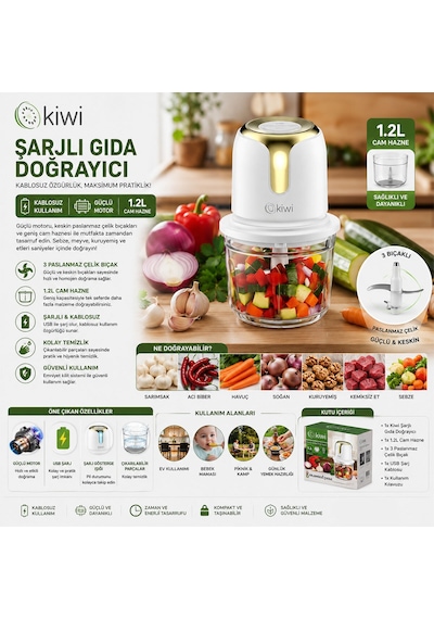 Usb To Type-c Şarjlı Mini 3 Bıçaklı Gold Blender Rondo Gıda Doğrayıcı 1.2lt Mika Kristal Hazne Kc-8221
