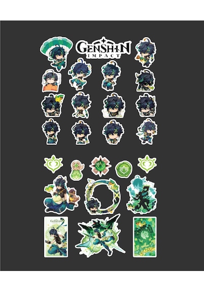 Genshin İmpact-kinich 2 Li Sticker Set Parlak Kağıt Oyun Karakteri Kinich Telefon Süsleme Etiketi Yeşil