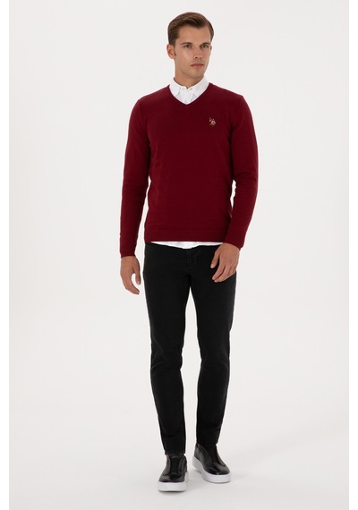 U.S. Polo Assn. Erkek Slim Fit V Yaka Bordo Basic Kazak 50307778-VR014