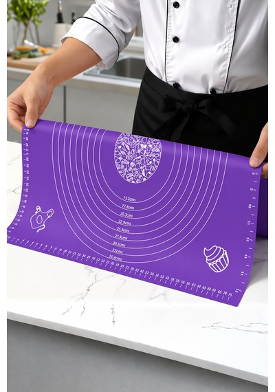 Silikon Hamur Açma Yoğurma Matı Skalalı Kaymaz Yapışmaz Kolay Temizlenebilir 40x50 Cm Mor