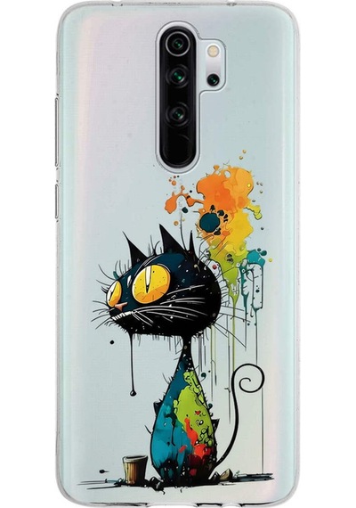 Redmi Note 8 Pro İle Uyumlu Splash Kedi Tasarımlı Şeffaf Silikon Kılıf Şeffaf