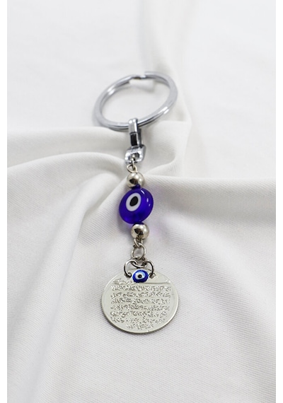 Lacivert Cam Nazar Boncuklu Metal Ayet'el Kürsi Metal Anahtarlık,