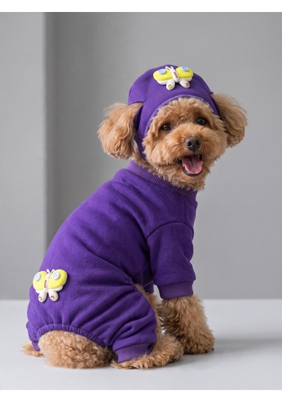 Violet Wings Köpek Bere Ve Tulum Kombini Mor Renk 3d Kelebek Aksesuarlı Penye Köpek Kıyafeti