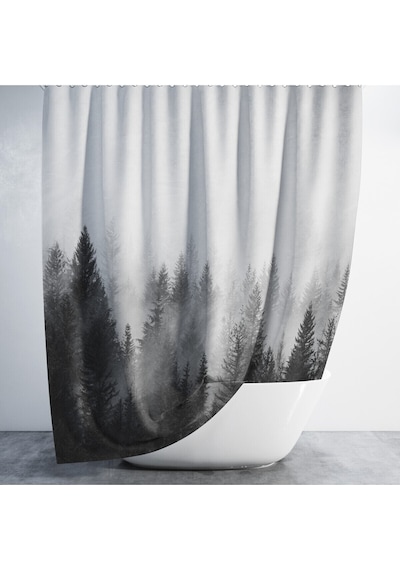 Banyo Duş Perdesi Sisli Orman Desen Dijital Baskılı Banyo Perdesi, Tek Kanat C Halkalı-180x200 Cm Çok Renkli