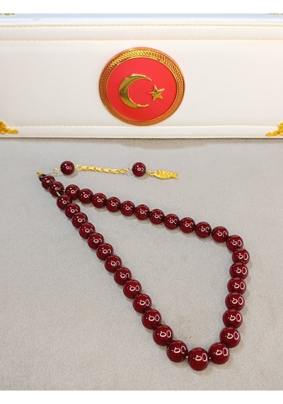 Orjinal Sıkma Kehribar Tesbih Kelle Boy Bordo Renk