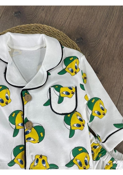 Tweety Baskılı Kruvaze Yaka Pijama Takımı 4bb2 Beyaz