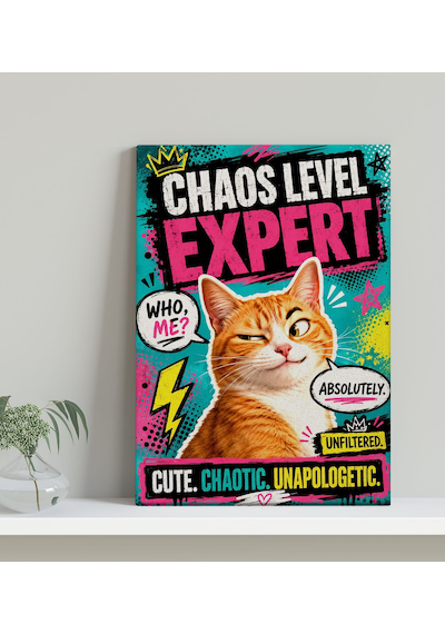 Bk Gift Chaos Level Expert Yazılı Turuncu Kedi Pop Art Eğlenceli Ve Renkli Kanvas Duvar Tablosu 50x70 Cm
