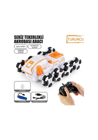 Uzaktan Kumandalı 8 Tekerlekli Akrobat Araba - Buhar Püskürten Işıklı Şarjlı Robot Köpek Oyuncak Turuncu