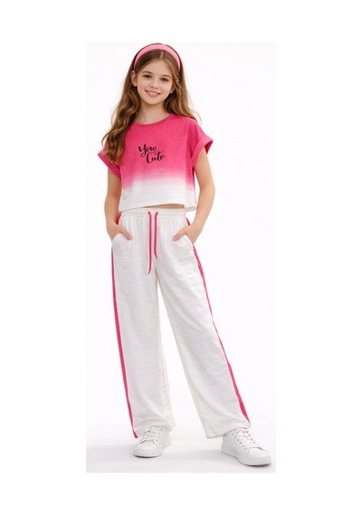 İrem Kız Çocuk You Cute Yazılı Pembe Çift Renk Tişört Yanı Şeritli Pantolonlu İkili Takım