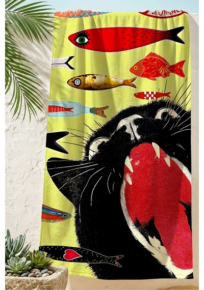 Kedi Balık Figürlü Plaj Havlusu - Akdeniz Pop Art Sarı Kırmızı Hızlı Kuruyan Mikrofiber Havlu Sisli Kumul