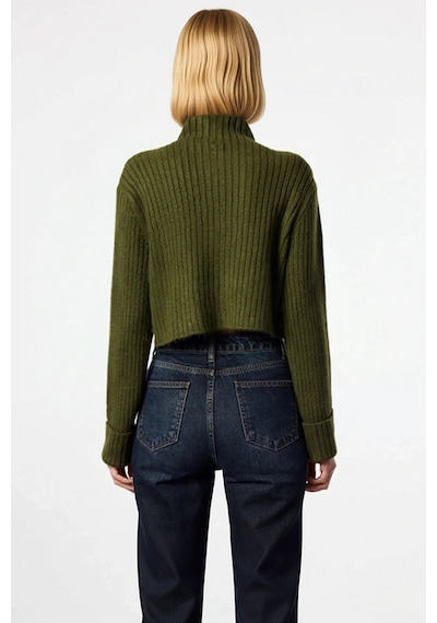 Benerly Kadın Dik Yaka Fitilli Dokuma Crop Oversize Triko Hırka Düşük Kol Haki
