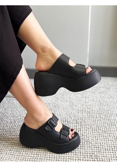 Asmi Shoes Kadın Wera Siyah İki Tokalı Kalın Taban Ortopedik Sandalet&terlik