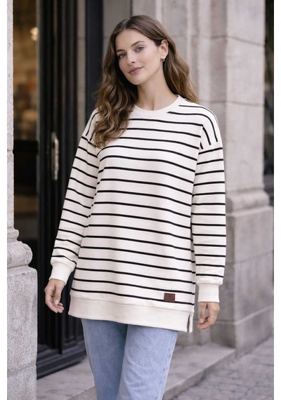 Tenra Oversize Geniş Kalıp Kadın Sweatshirt Bisiklet Yaka Basic Çizgili Siyah