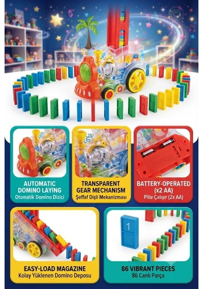 Domino Tren Yön Verilebilir Şeffaf Dişli Otomatik 86 Parça 16 Cm Işıklı Ve Müzikli Oyuncak Tren