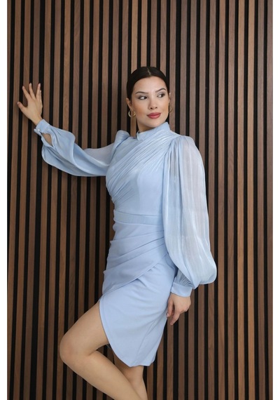 Lodmela Göğüs Büzgülü Balon Kol Pileli Mini Elbise 2289-bebe Mavisi Bebe Mavisi