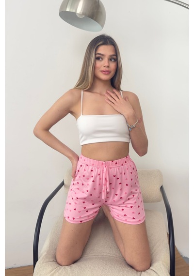 Giysa Kadın Beli Lastikli Kalp Desenli Pijama Altı Şort Pembe - 26y 2602