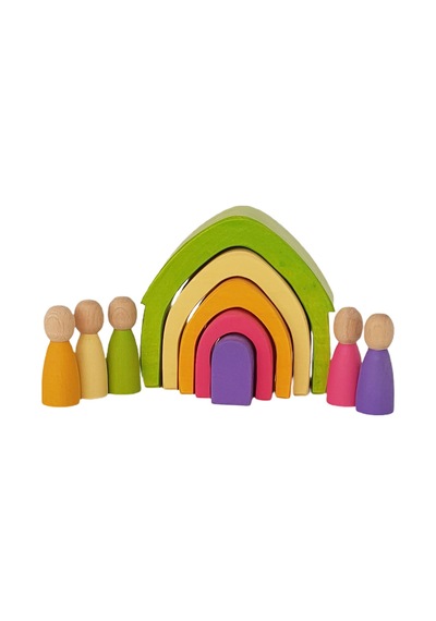 Waldorf Pastel Renkler 5'li Ev Ve 5'li Peg Bebek Seti Ahşap Oyunc