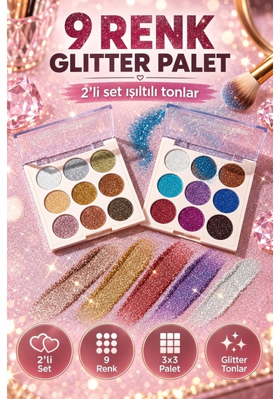 9 Renk Glitter Diamond Far Paleti - 2 Li Set Çok Renkli