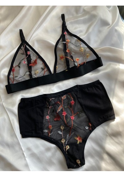 The Semy Çiçekli Siyah Sütyen Bralet Yüksek Bel Takım Siyah