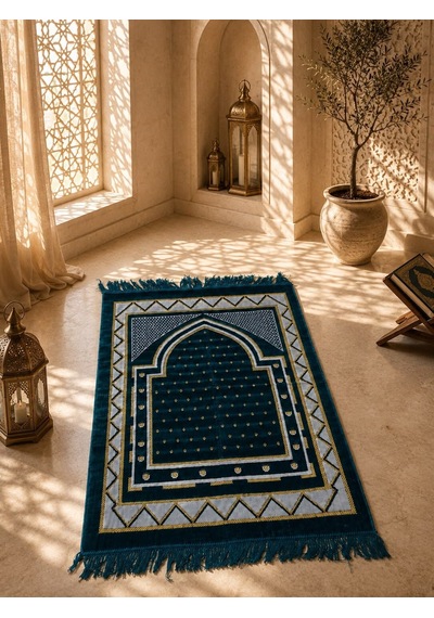 Lüks Dotya Kadife Seccade Kalın Yumuşak Dokulu Hediyelik Namaz Seccadesi Lacivert Çok Renkli