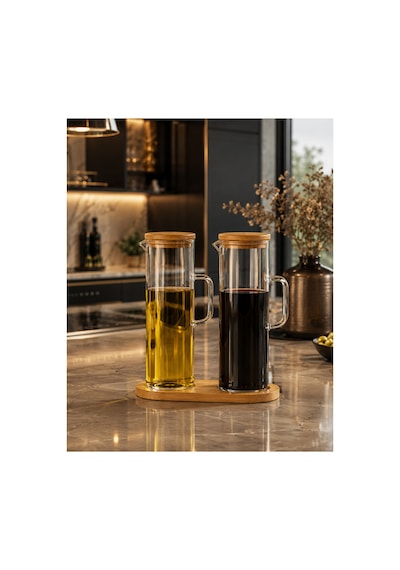 2 Li 400 Ml Cam Yağdanlık Seti Bambu Kapaklı Ve Bambu Atlıklı, Borosilikat Cam Beyaz