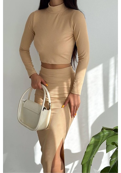 Neşeli Butik Kadın Yarım Balıkçı Etekli Alt Üst Takım Kklf51 - Bej