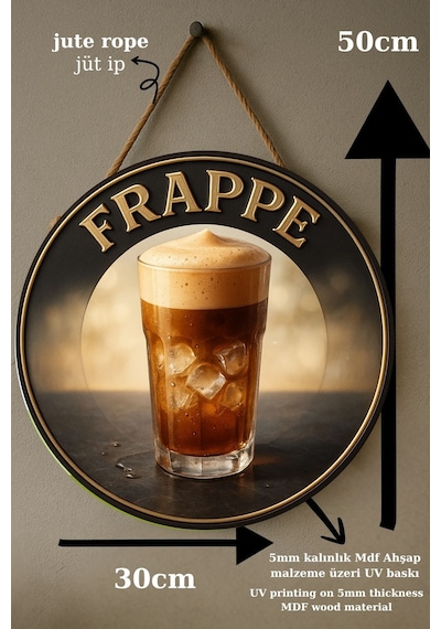 Frappe Temalı Yuvarlak Cafe Tabelası, Jüt İpli Ahşap Duvar & Kapı Dekoru, Barista Tarzı Retro Süs