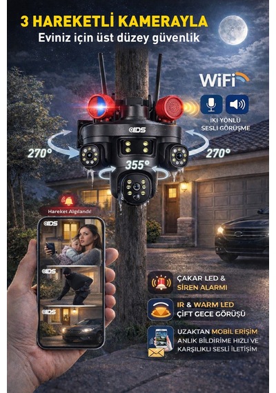 9mp Tam Hareketli 3 Kameralı Wifi Güvenlik Kamerası - Çakar Led -sirenli