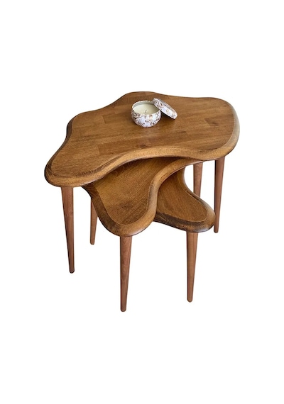 Fawdecor Asimetrik Masif Ahşap Zigon Sehpa Takımı 3'lü Set Ceviz