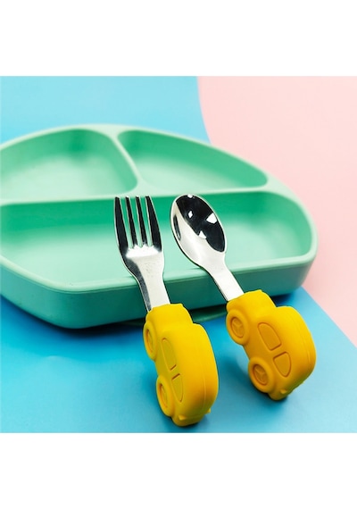Gri Çocuk Bpa Free Silikon Saplı Paslanmaz Çelik Uçlu Çatal-kaşık, 9+ Ay