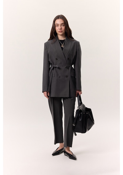 Manuka Tencel Kemerli Kruvaze Blazer Ceket Antrasit Antrasit