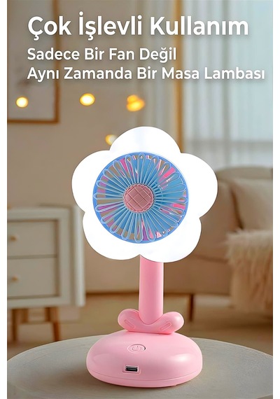 Işıklı Çiçek Tasarımlı Mini Fan Mavi 3 Kademeli Masaüstü Vantilatör Pembe