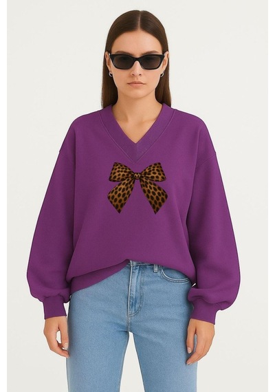 Benroma Kurdela Baskılı Ünisex V Yaka Sweatshirt Mor