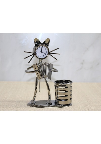 Metal Akordiyon Çalan Müzisyen Kedi Saat Ve Kalemlik Diğer