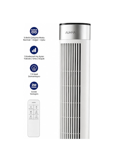 Exenar - Beyaz - Uzaktan Kumandalı Kule Tipi Fan 39" 45w 3 Rüzgar Modlu Led Dokunmatik Ekran Vantilatör Tower Fan