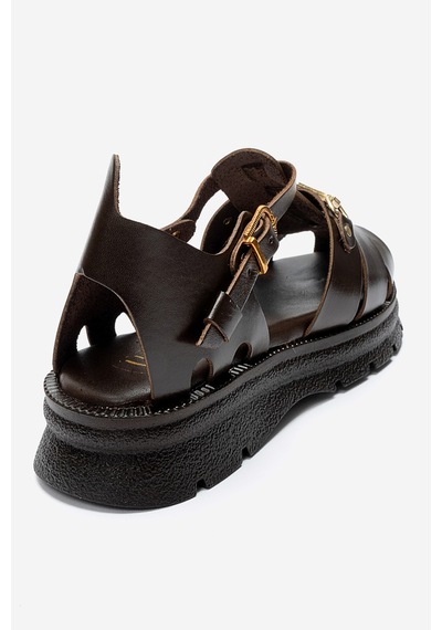 Luvishoes Rıela Kahverengi Hakiki Deri Tokalı Kadın Sandalet