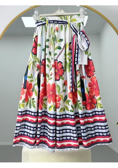 Lovie Moda Karışık Çiçek Desenli Kuşaklı Tesettür Etek Beyaz