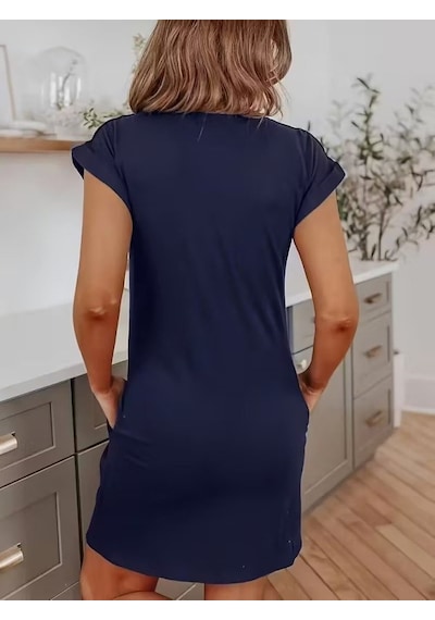 De'charme Kadın Kısa Kollu Bisiklet Yaka Cepli Kısa Viskon Iki Iplik Elbise Lacivert