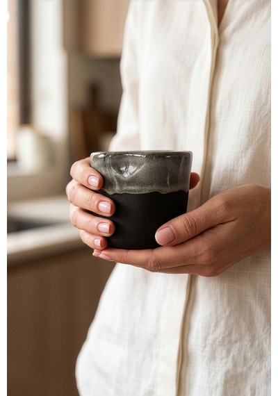 Must Siyah Beyaz Stoneware El Yapımı Mug Fincan 2li Set 8634