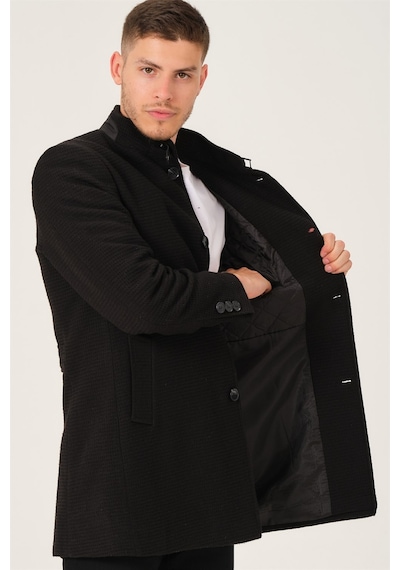 Plt8367 Dewberry Erkek Palto-Düz Siyah-Düz Siyah