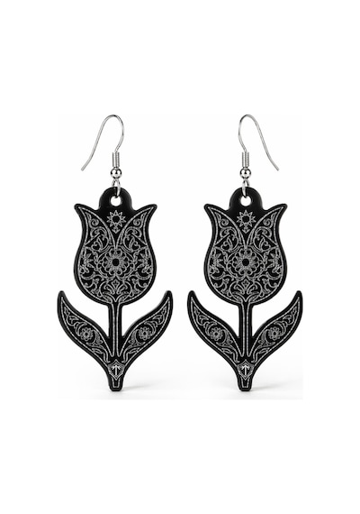 Tamgacrafts Lale Motifli Siyah Akrilik Sallantılı Küpe - Özel Seri 4 Cm