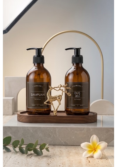 Sabunluk Amber Şişe Cam İkili Şampuan-duş Jeli Banyo Düzenleyici Lüks Gold Geyik Ahşap Standlı 500ml
