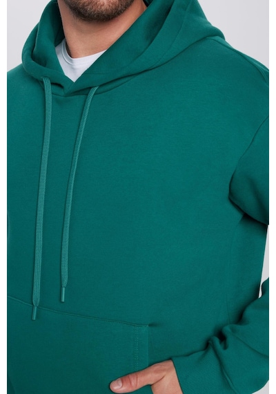 Tudors Unisex Oversize Geniş Kesim Pamuklu Yumuşak Dokulu İçi Polarlı Basic Yeşil Kapüşonlu Sweatshirt-29409 Yeşil
