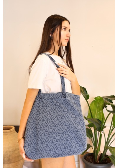 İcone Bag Desenli Yıkamalı Denim Kadın Çantası, Geniş Hacimli, Desenli El Ve Omuz Bez Çanta Shopper Mavi