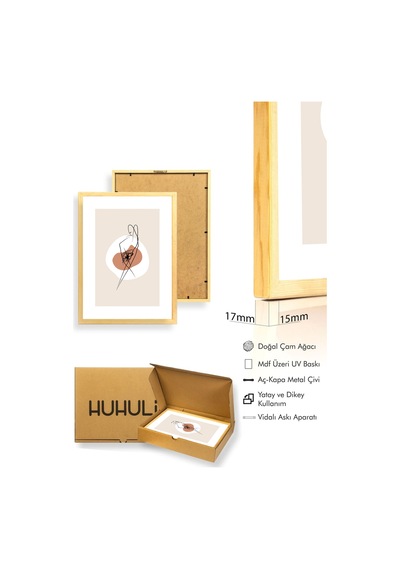 Doğal Ahşap Çerçeveli Minimalist Çizim Tablo - Soyut Huhu1270